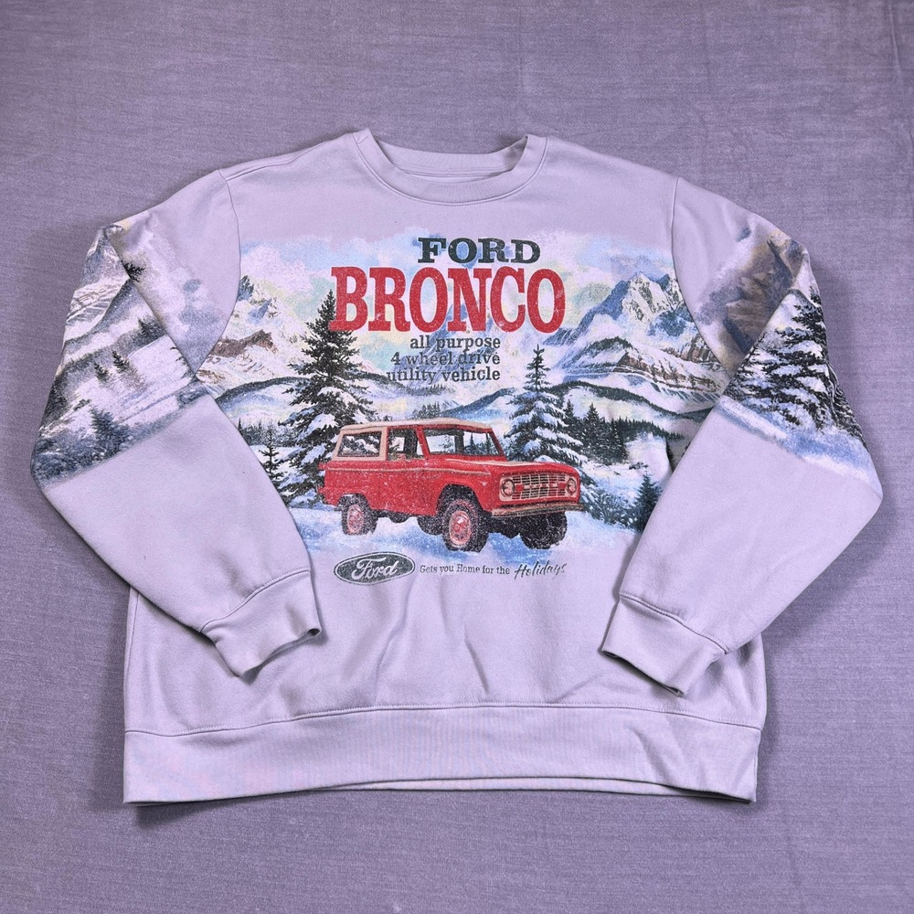 Ford Bronco Sweatshirt Mens XL Blue Winter Mountain Scene Holiday Graphic Crew
